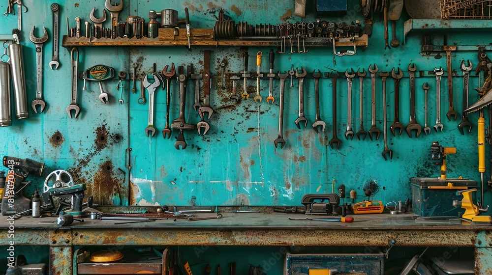 Poster tools on a metal board. various tools hang on a wall in a workshop background.