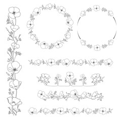 vector design elements with Eschscholzia flowers. California poppy - frames and delimiters