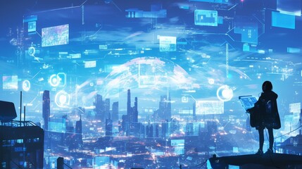 Futuristic Tech Seminar Poster Showcasing a Holographic Cityscape with Digital Interfaces