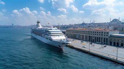 Luxury big white cruise ship docked at harbor terminal. Generated AI image