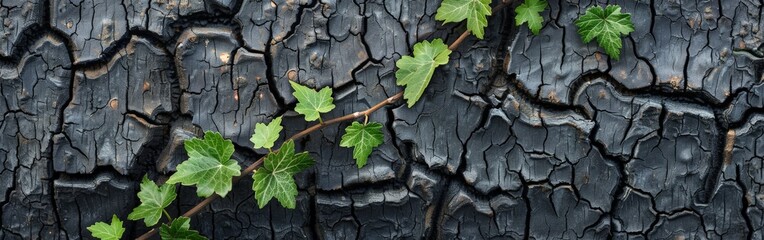 Ivy Growing on a Burnt Wooden Wall