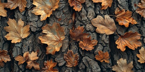 Autumn Leaves on Tree Bark