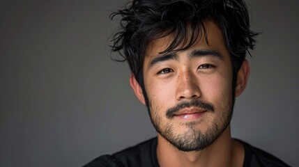 Fototapeta premium A Japanese man with a faint smile, against a dark gray background