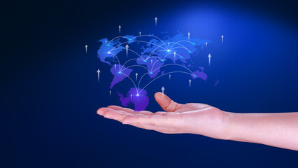 Hand holding Global network connection digital business virtual screen, Big data analytics and business intelligence concept, Ecommerce, online marketing technology concept.