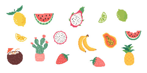 Vector pixel art fruit collection. banana, limondragon fruit, et.