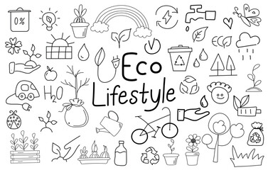 Eco lifestyle doodle elements. Recycling, solar power, wind power, bicycle, tree, sprout. Green concept.