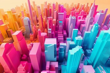 Obraz premium Vibrant 3d illustration of a city skyline with a warm sunset gradient