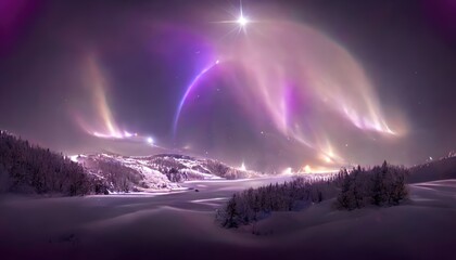 Panoramic view of a winter landscape under a magical aurora borealis with twinkling stars and soft snow. North light with starry night with purple filter. Abstract digital art background. AIG35.