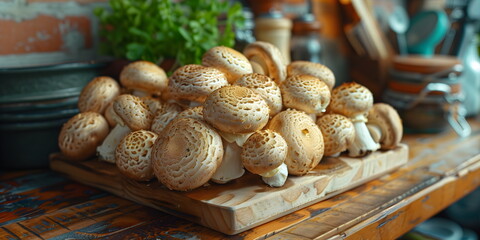 Shiitake mushrooms on a wooden board on a kitchen background. photo of food