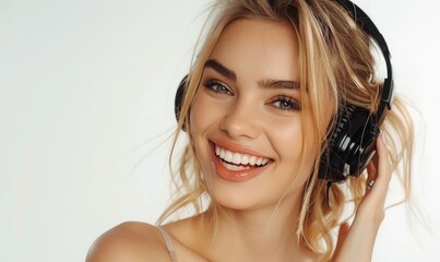 Naklejka premium A beautiful young woman smiling warmly while wearing headphones against a white background, symbolizing relaxation and music. copy space for text.