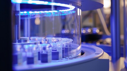 Close-up of a machine with a rotating carousel of test tubes filled with a blue liquid.