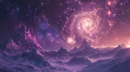 otherworldly landscape with swirling nebulae and distant galaxies, evoking a sense of cosmic wonder