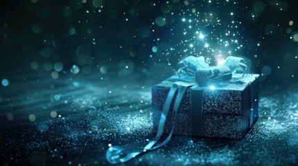 Illustration blue gift box with confetti and glitter with light sparkling background. Generated AI