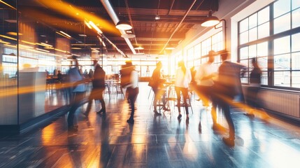 Fototapeta premium Blurred motion of people working in a modern office, ideal for business and technology themes.