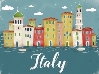 A beautiful flat design poster of Italy, with the word Italy written on the bottom of the poster 