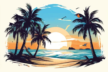  Beautiful exotic sunset at a beach vector illustration. Beach with palm trees and sundown. The beauty of the sea.
