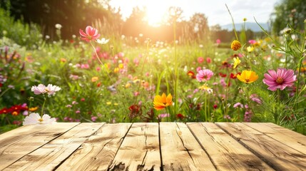 Wooden table foreground leading to a vibrant flower meadow at sunset, perfect for nature and tranquility themes.