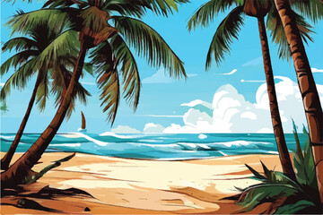 Sunny day on a tropical beach. Calm waves. Clear sky. The beauty of the sea. Vector illustration design. palm trees. Beach Landscape. 