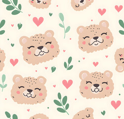 Cute pink bear face pattern with hearts and leaves, pastel colors, seamless design