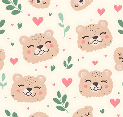 Fototapeta premium Cute pink bear face pattern with hearts and leaves, pastel colors, seamless design