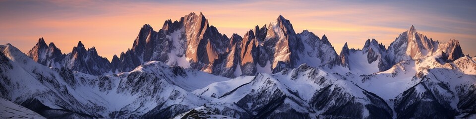 A mountain range with snow on it and a beautiful orange and pink sky - Powered by Adobe