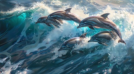 A squadron of sleek and swift dolphins racing through the ocean waves, their movements synchronized and playful.