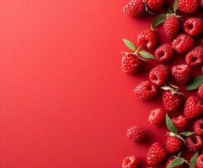 raspberries on red background, wallpaper.Fresh and sweet raspberries background