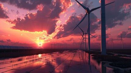 Wind turbines and hydrogen pipeline over sea at golden sunset landscape. Generated AI image