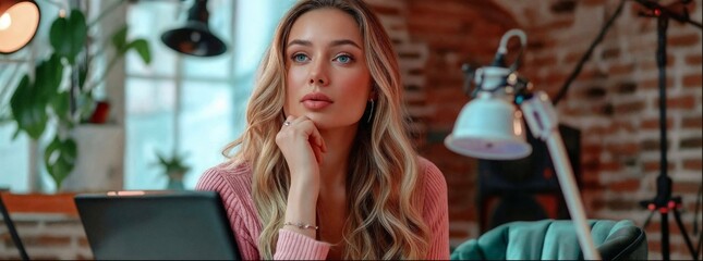 A beautiful woman with long blonde hair is sitting at her desk in front of the laptop, talking to us about digital marketing in the style of video call, a soft pink sweater on her shoulders