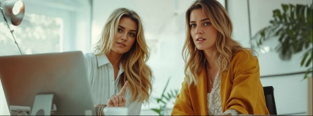 Two beautiful blonde women in an office setting, one woman is sitting at her desk and the other stands next to her talking into his ear, they both have long hair with highlights, white walls 