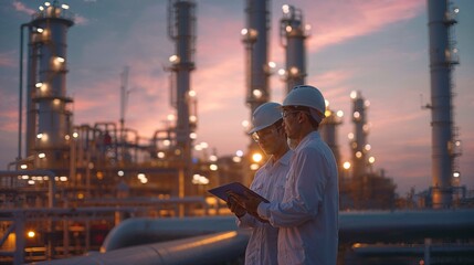 Two engineers engaged in discussion against the backdrop of an oil refinery, power plant, and the setting sun