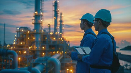 Two engineers engaged in discussion against the backdrop of an oil refinery, power plant, and the setting sun