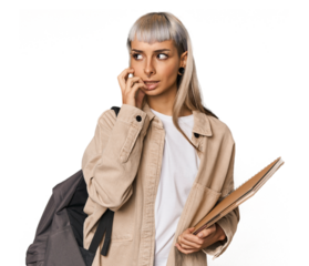 Caucasian young student with books biting fingernails, nervous and very anxious.