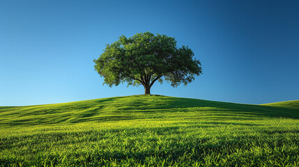 Obraz premium single tree on the skyline of a green field against blue sky