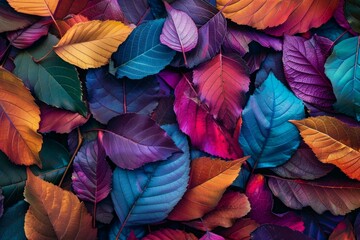 Colorful and vibrant autumn leaves background with red, purple, and orange foliage creating a beautiful and textured seasonal pattern on the forest floor