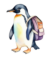 Fototapeta premium Watercolor illustration of penguin with school backpack cut out. Penguin PNG. Elementary school or kindergarten concept. Little explorer, cute bird student