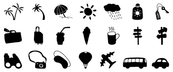 Icon set of elements for summer vacation travel, hand drawn vector silhouette doodles.