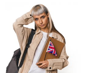 Young erasmus student with books being shocked, she has remembered important meeting.