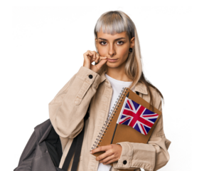 Young erasmus student with books with fingers on lips keeping a secret.