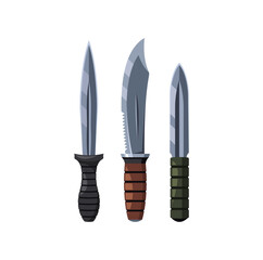 Three Hunter Knives With Different Steel Blade Shapes And Handles, Ideal For Representation In Camping, Hunting