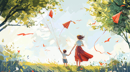illustration painting mother and child let kite fly 