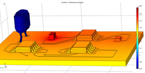 Computer 3d modeling of temperature distribution 
on surface of printed circuit
board of electronic device and pcb components
(capacitor, integrated circuit), conductors. 
Thermal analysis.