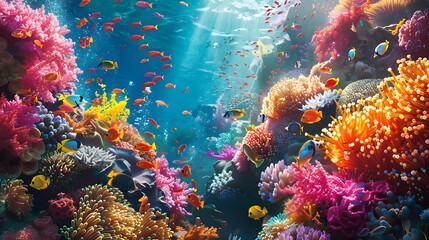 A vibrant coral reef teeming with life, with colorful fish darting among the corals and anemones swaying gently in the currents.