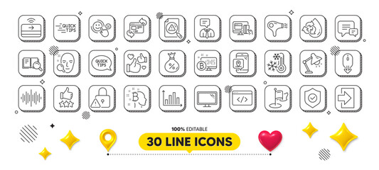 Rating stars, Lock and Bitcoin think line icons pack. 3d design elements. Support service, Milestone, Sound wave web icon. Table lamp, Quickstart guide, Search book pictogram. Vector