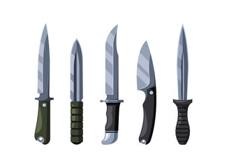Collection Of Five Tactical And Hunting Knives Isolated On White Background, Features Different Handle And Blade Shapes