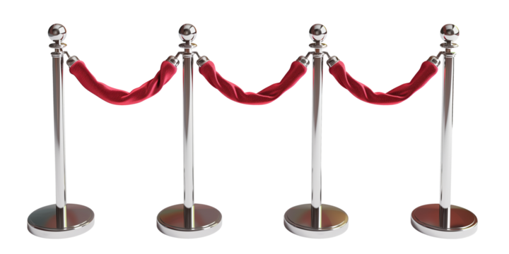 Red carpet stanchions with velvet ropes isolated on transparent background