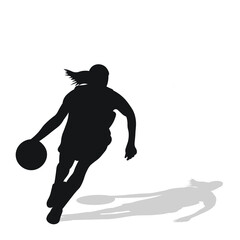 Single image of black female silhouette of basketball player in a ball game. Basketball