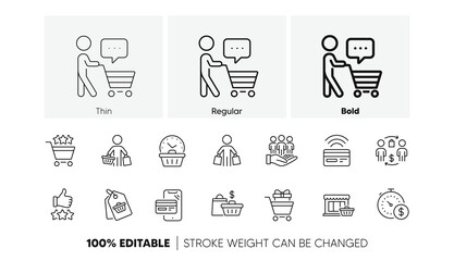 Shopping cart , contactless payment and group of people. Buyer customer line icons set. Store, buyer loyalty card, client ranking set icons. Shopping timer, phone payment, currency. Vector