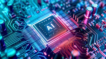 A close-up shot of a microchip with word "AI", vibrant colors and intricate details - Powered by Adobe