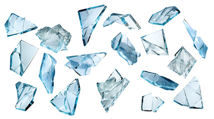 Shards of shattered glass. Pieces of broken glass isolated. Transparent background PNG. Pen tool cutout. Side by side of various broken glass pieces of several shapes and sizes